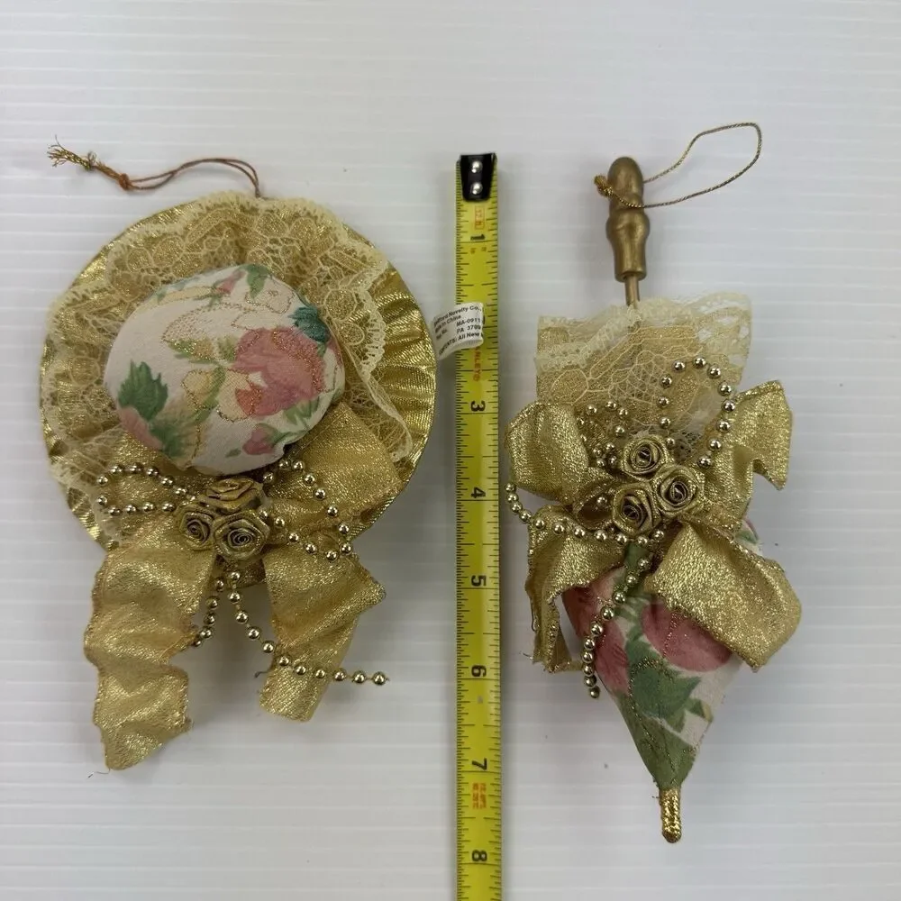 Bradford Novelty Victorian Hat & Parasol Ornaments Gold Lace Floral Fabric Set